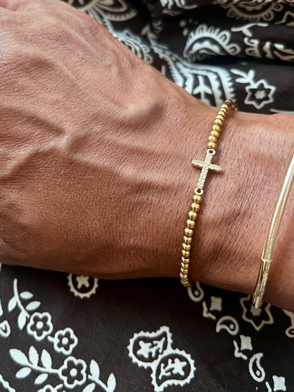 Gold Beaded Bracelet with Cross Charm - Women's Fashion Jewelry